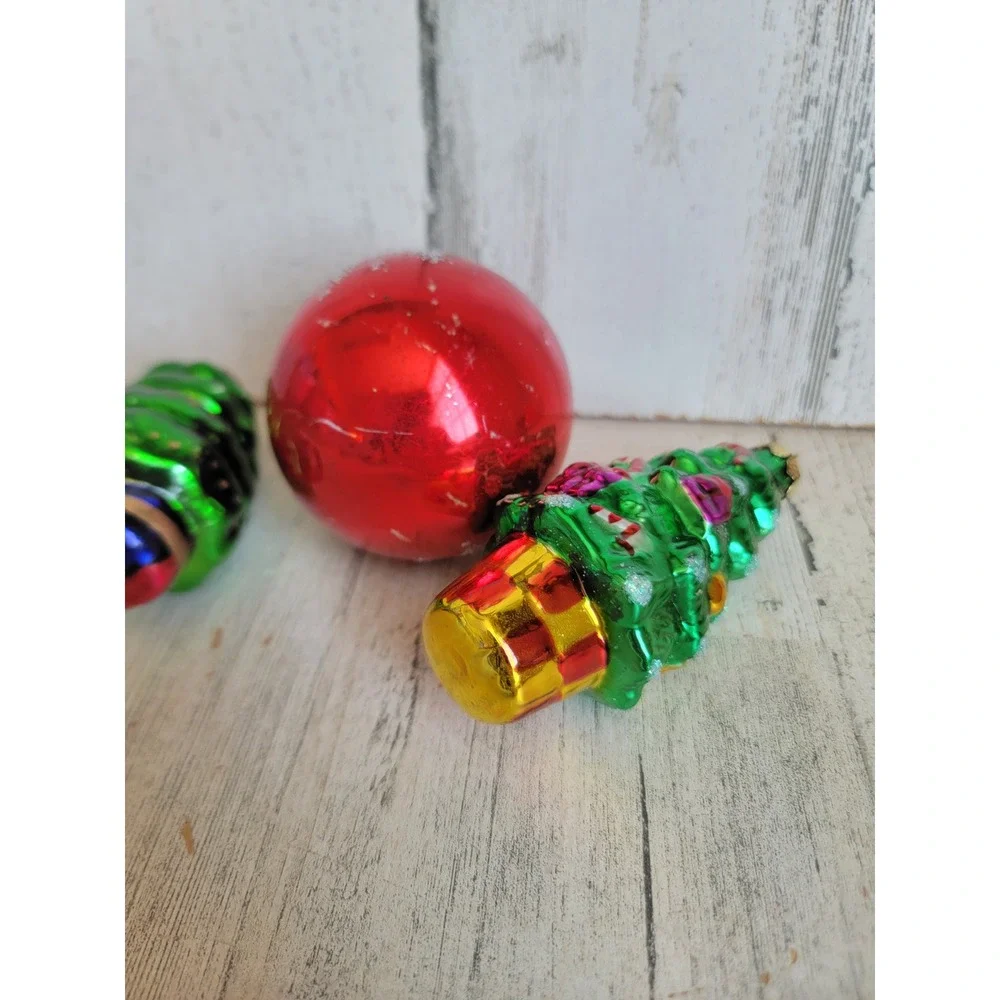 Vintage glass Xmas tree red ball snowflake unique ornament set glitter
